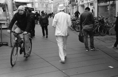 "Graz Street: Gentleman in White." - Camera: Zorki 1, Lense: Jupiter-8 2/50 , Film: Kodak Tri-X.